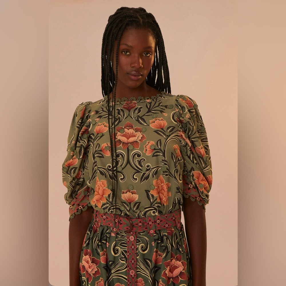 Farm Rio Arabesque Floral Green Blouse